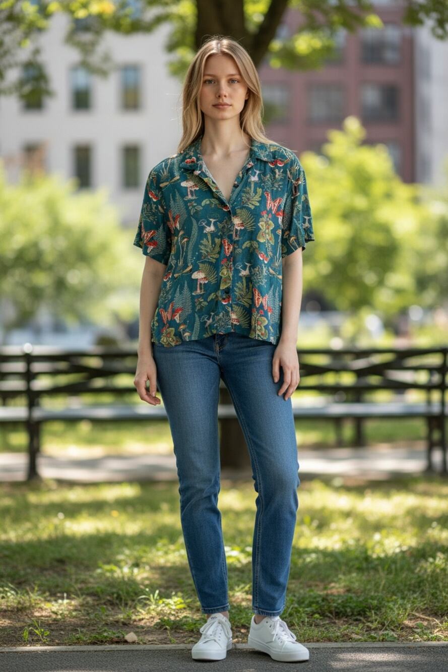 EDDIE BAUER Top Size L Short Sleeve Button Up Hawaiian Print Relaxed Fit